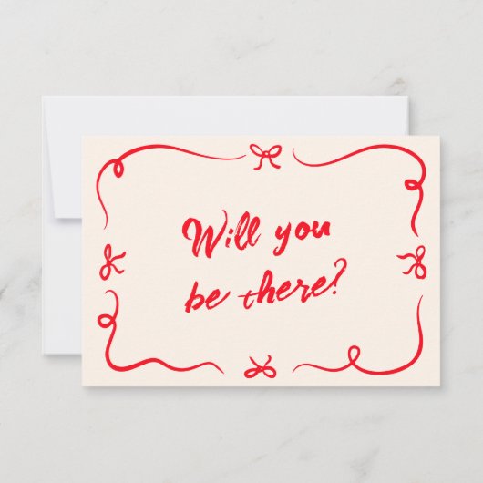 Rote Hand schrieb quirky moderne Bow QR Code Hochz RSVP Karte (Rückseite)