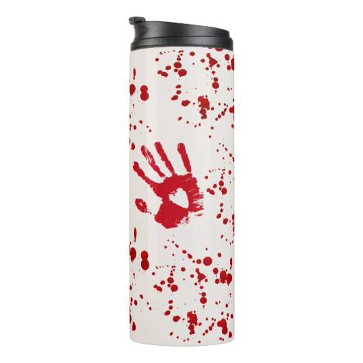 Rote Handdrucke und Spritzer mit Vorsicht Thermosbecher (Nach rechts gedreht)