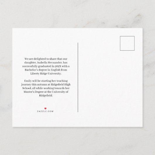 Rote handgeschriebene Abschluss Ankündigung Postka (Rückseite)