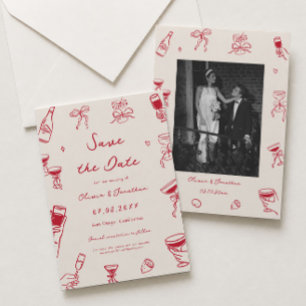 Rote handgezeichnete Hochzeit Save-the-Date-Foto Einladung