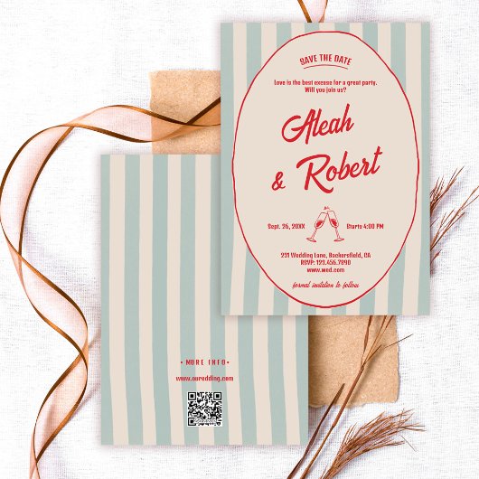 Rote Handschrift Blaue Streifen Retro Save-the-Dat Einladung