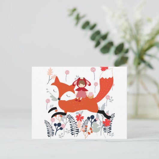 Rote Haube Reitmädchen und Fuchs im Blumengarten Postkarte (Stehend Vorderseite)