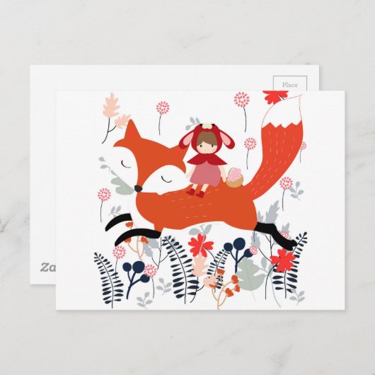 Rote Haube Reitmädchen und Fuchs im Blumengarten Postkarte (Vorne/Hinten)