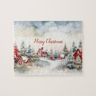 Rote Häuser Grüne Kiefern Weihnachtslandschaft Puzzle