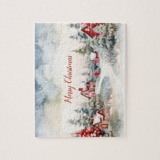 Rote Häuser Grüne Pinienbäume Weihnachtslandschaft Puzzle (Vertikal)