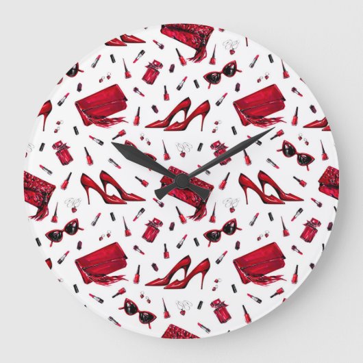 Rote Heelse, Modeaccessoires Muster. Große Wanduhr (Vorderseite)