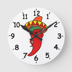 Rote heiße Kawaii-Pfeffer-Diva Mexikanischer Sombr Runde Wanduhr
