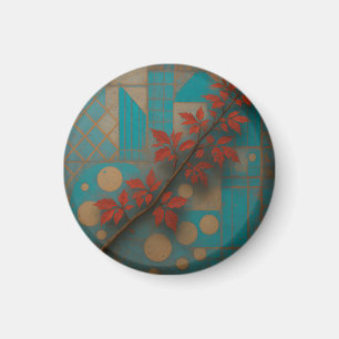 Rote Herbstblätter Türkis Geometrisches Mosaik Magnet