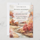 Rote Herbstfluss-Wald-Hochzeit Save The Date (Vorderseite)