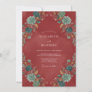Rote herbstliche Blumenromanze-Hochzeit Einladung