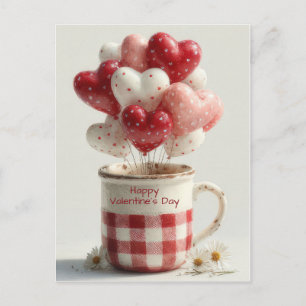 Rote Herzballons in einer Tasse Valentinstagskarte Feiertagspostkarte
