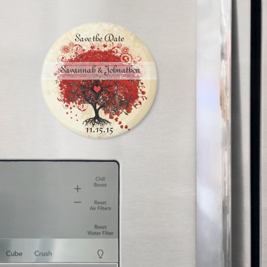 Rote Herzblatt-Baum-Damaskus-Save-the-Date-Magnete Magnet (In Situ (Kühlschrank))