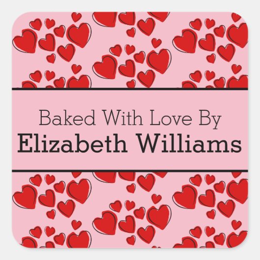 Rote Herzen auf Individuelle Name gebacken mit Lie Quadratischer Aufkleber (Vorderseite)
