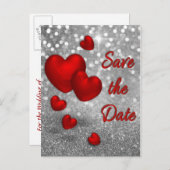 Rote Herzen auf Silver Glitzer - Save the Date Kar Ankündigungspostkarte (Vorne/Hinten)