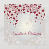 Rote Herzen auf strahlenden Weiß und Schneeflocken Einladung (Vorne/Hinten)