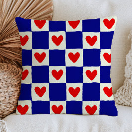 Rote Herzen Blaue Quadrate Kariertes Eklektisch Kissen