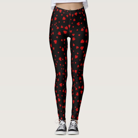 Rote Herzen Floating Muster auf schwarz Leggings (Vorderseite)