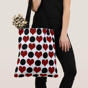 Rote Herzen mit Punkten und schwarze Kreise Muster Tasche