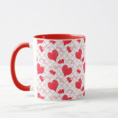 Rote Herzen, Text, "Liebe du", rot und weiß. Tasse (Links)