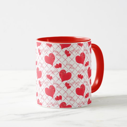 Rote Herzen, Text, "Liebe du", rot und weiß. Tasse (VorderseiteRechts)