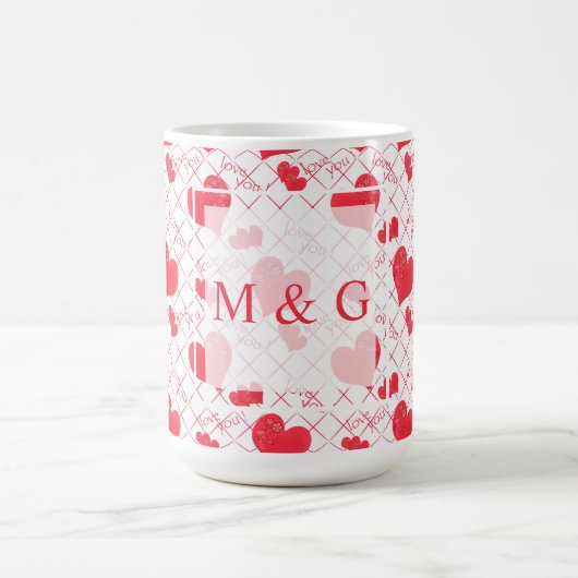 Rote Herzen, Text, "Liebe du", rot-weiß, Karo Kaffeetasse (Mittel)