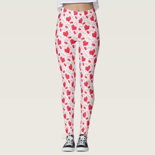 Rote Herzen, Text, "Liebe du", rot-weiß, Karo Leggings (Vorderseite)
