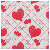 Rote Herzen, Text, "Liebe du" . Stoff (Nahaufnahme)