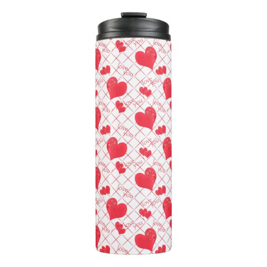 Rote Herzen, Text, "Liebe du" . Thermosbecher (Vorderseite)