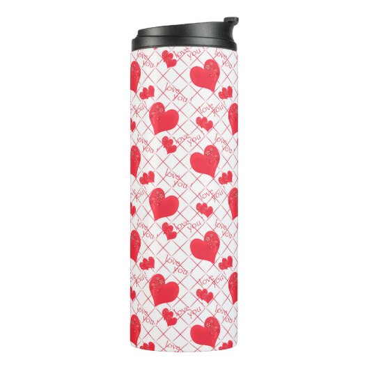 Rote Herzen, Text, "Liebe du" . Thermosbecher (Nach links gedreht)