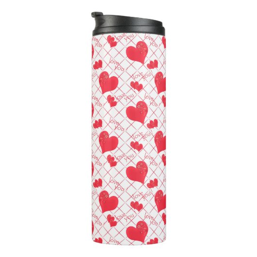 Rote Herzen, Text, "Liebe du" . Thermosbecher (Nach rechts gedreht)