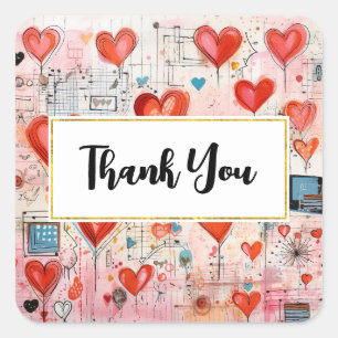 Rote Herzen Whimsical Love Muster Danke Quadratischer Aufkleber