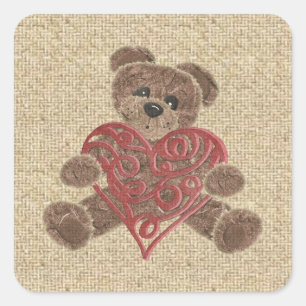 Rote Herzleinwand-Teddybäraufkleber Quadratischer Aufkleber