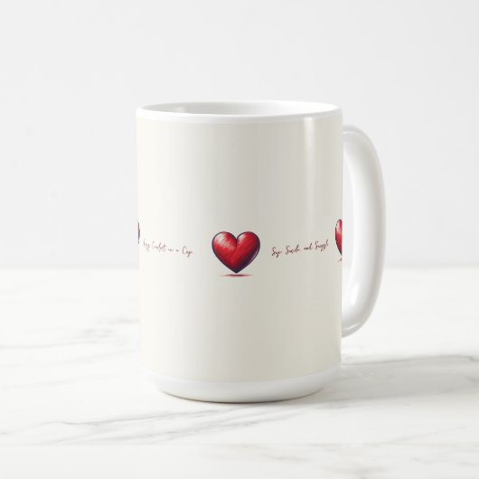 Rote Herzmuster auf Sahne-Zeichnung Kaffeetasse (VorderseiteRechts)