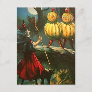 Rote Hexe & Kürbismenschen - Vintage Halloween Postkarte