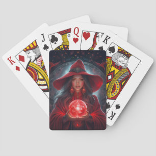 Rote Hexe mit Kristallkugel und atemberaubendem Hi Spielkarten