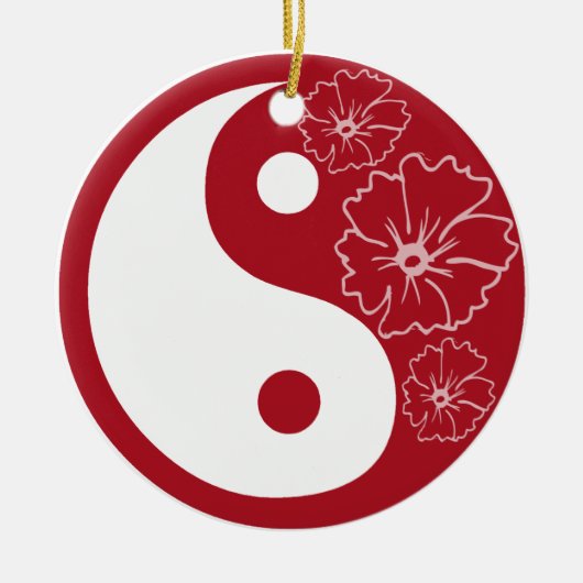 Rote Hibiskus-Blume Yin Yang Keramik Ornament (Vorne)