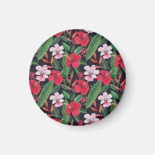 Rote Hibiskus, Orchideen, tropisches Aquarell. Magnet