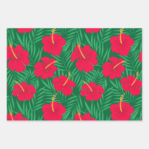 Rote Hibiskusblüten auf grünen tropischen Blättern Geschenkpapier Set