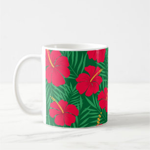 Rote Hibiskusblüten auf grünen tropischen Blättern Kaffeetasse