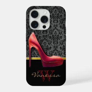 Rote High Heels und Damastdruck mit Monogramm iPhone 15 Pro Hülle