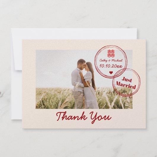 Rote Hochzeit in Urlaubsort doppeltes Glück Foto Dankeskarte (Vorderseite)