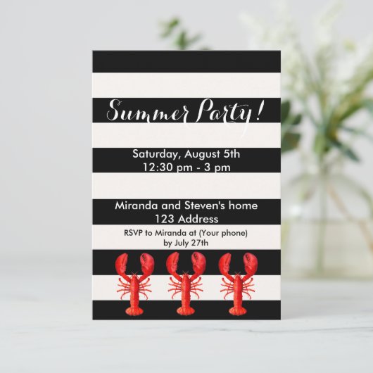 Rote Hummer im Sommer Party Schwarz-weiß Einladung (Stehend Vorderseite)