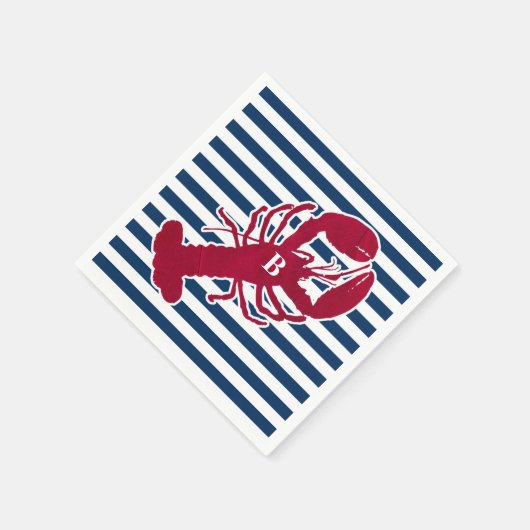 Rote Hummer Monogramm Blauer Streifen Serviette (Ecke)
