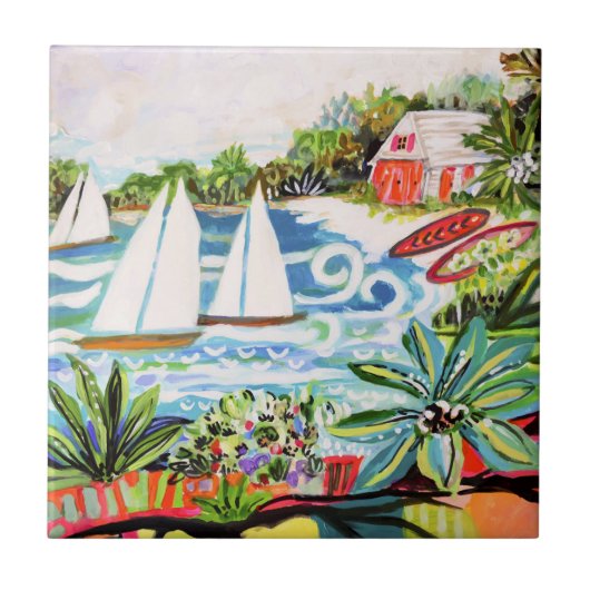 Rote Hütte an der Bucht II Fliese (Vorderseite)