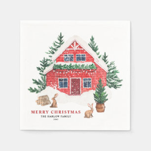 Rote Hütte und Kaninchen Weihnachten Serviette