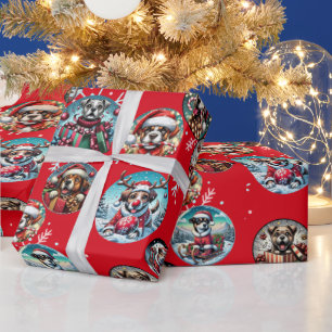 Rote illustre Schneeflocke und Hunde Weihnachtsges Geschenkpapier