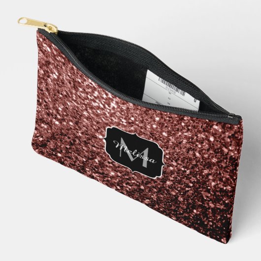 Rote Imitate Glitzer Glitzern Monogramm Zubehörtasche (Offen)