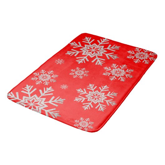 Rote Imitate Silver Glitzer Snowflake Bath Mat Badematte (Schrägansicht)