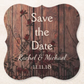 Rote Imitate Spitzen und Holz Save the Date Untersetzer (Vorderseite)