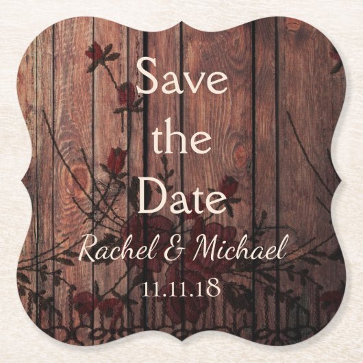 Rote Imitate Spitzen und Holz Save the Date Untersetzer (Vorderseite)